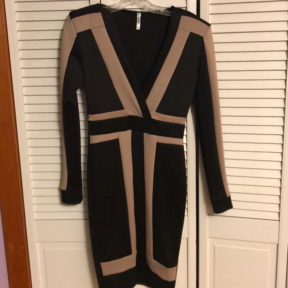 Long sleeve black and nude dress
